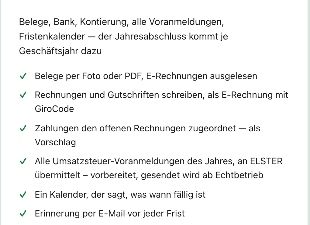 Ausschnitt von der Seite Buchhaltung: Belege per Foto oder PDF und E-Rechnungen werden ausgelesen, Zahlungen zugeordnet