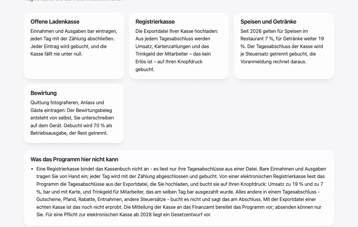 Ausschnitt aus der Seite für die Gastronomie: Bewirtungsbeleg fotografieren, Anlass und Gäste eintragen, Bewirtungskosten getrennt buchen