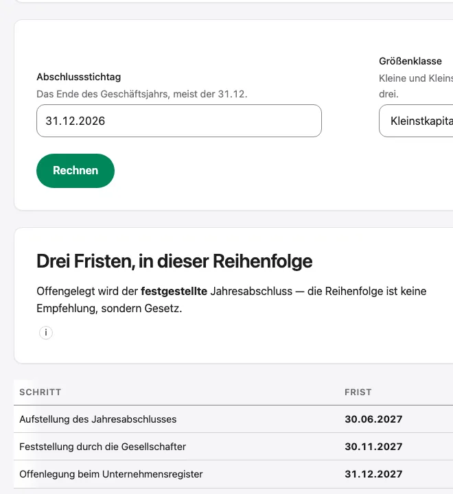 Ausschnitt aus dem Fristenrechner: die drei Fristen zum Jahresabschluss für einen Stichtag am 31.12.2026 – Teil der Checkliste Jahresabschluss