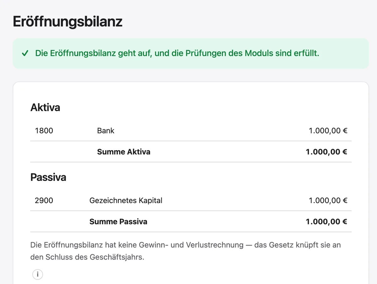 Ausschnitt aus dem Programm: die gerechnete Eröffnungsbilanz der erfundenen UG mit Bank 1800 und gezeichnetem Kapital 2900
