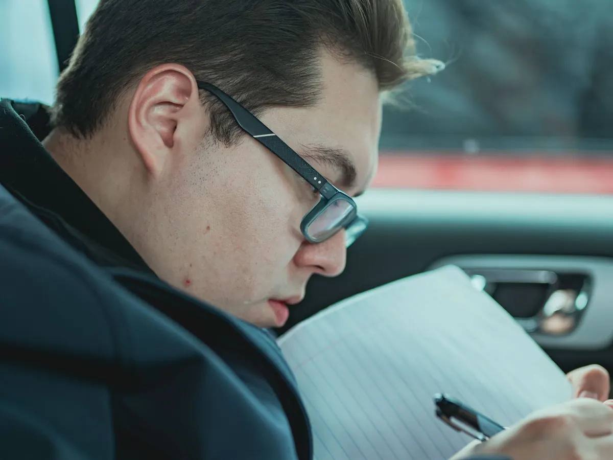 Ein Mann schreibt im Auto in ein Heft – Fahrtenbuch für den Firmenwagen in der GmbH führen
