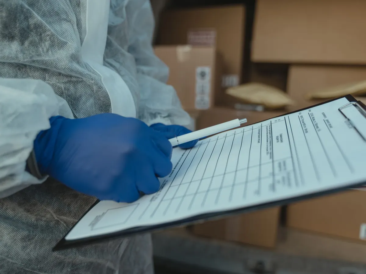 Hand im Handschuh füllt eine Zählliste aus, dahinter Kartons – die Inventurliste der GmbH