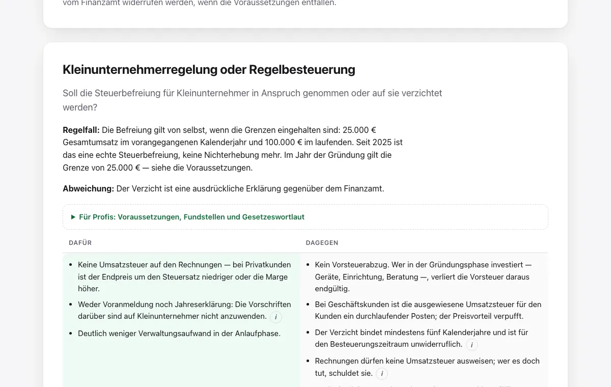 Ausschnitt aus dem Gründungsweg im Programm: Kleinunternehmerregelung oder Regelbesteuerung im Fragebogen