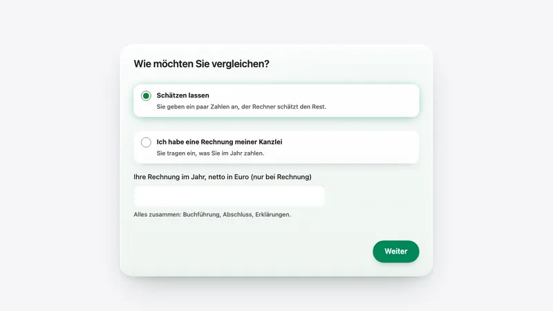 Ausschnitt aus dem Kosten-Rechner: Wie möchten Sie vergleichen – schätzen lassen oder mit der Rechnung Ihrer Kanzlei