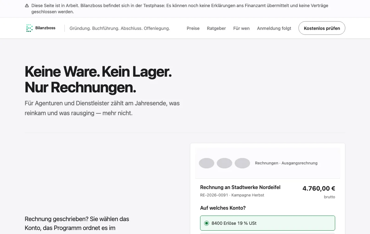 Ausschnitt aus der Seite für Agenturen im Programm – dort, wo auch Reisekosten des Geschäftsführers gebucht werden