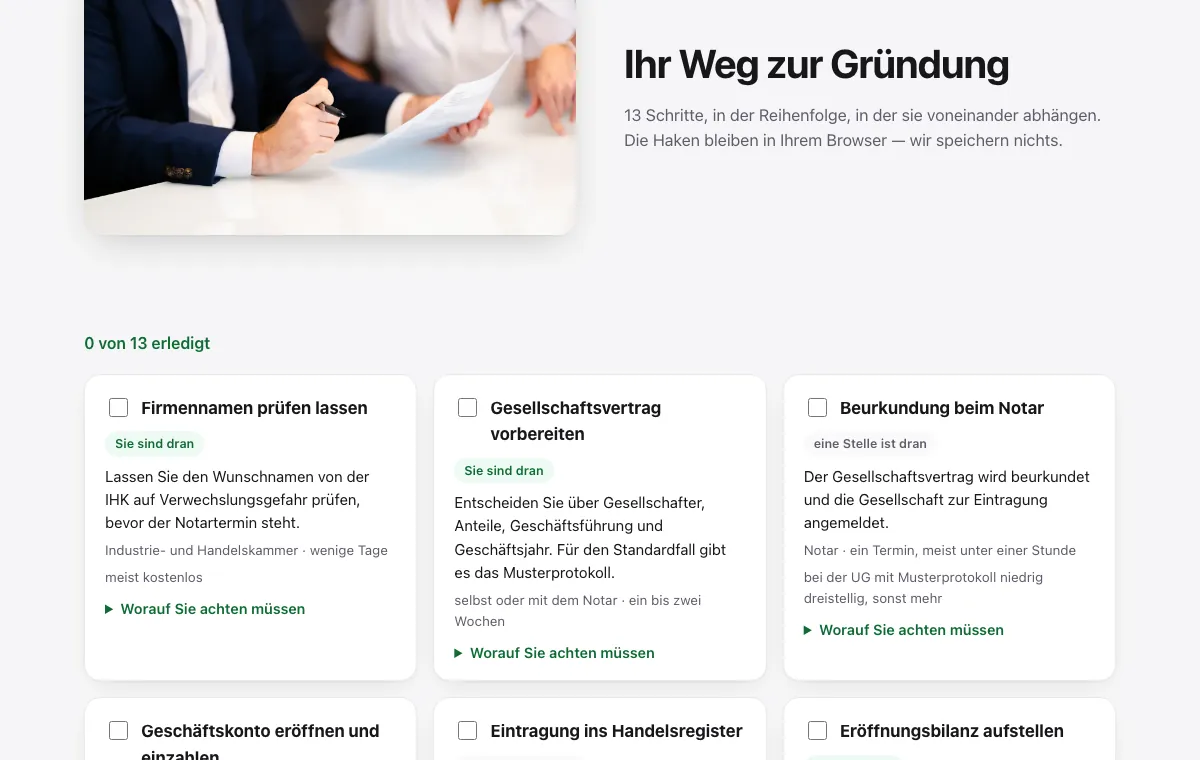 Ausschnitt aus dem Gründungsweg im Programm: 13 Schritte, darunter der Eintrag ins Transparenzregister