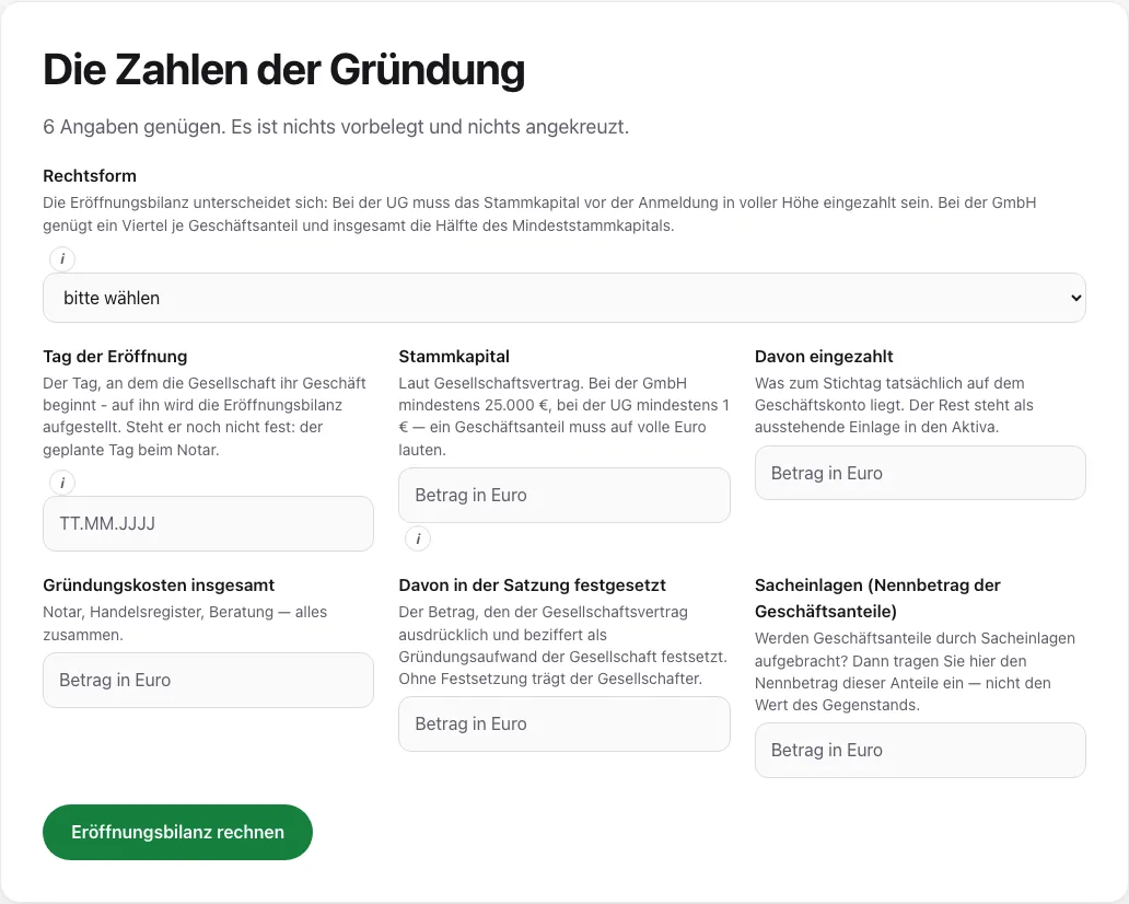 Ausschnitt aus dem Gründen-Rechner: Stammkapital, Einzahlung und Gründungskosten der UG eingeben