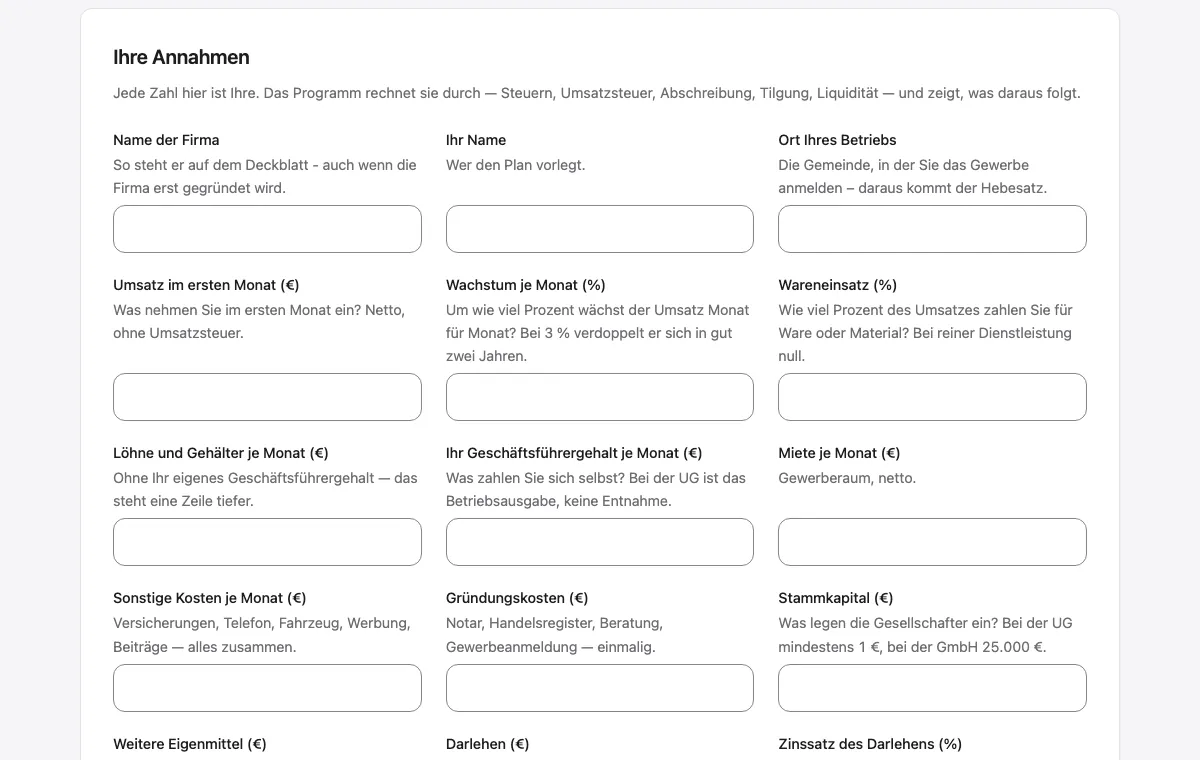 Ausschnitt aus der Plan-Gewinnrechnung im Programm: die Annahmen, aus denen Gewinn, Verlust und Verlustvortrag der ersten Jahre gerechnet werden