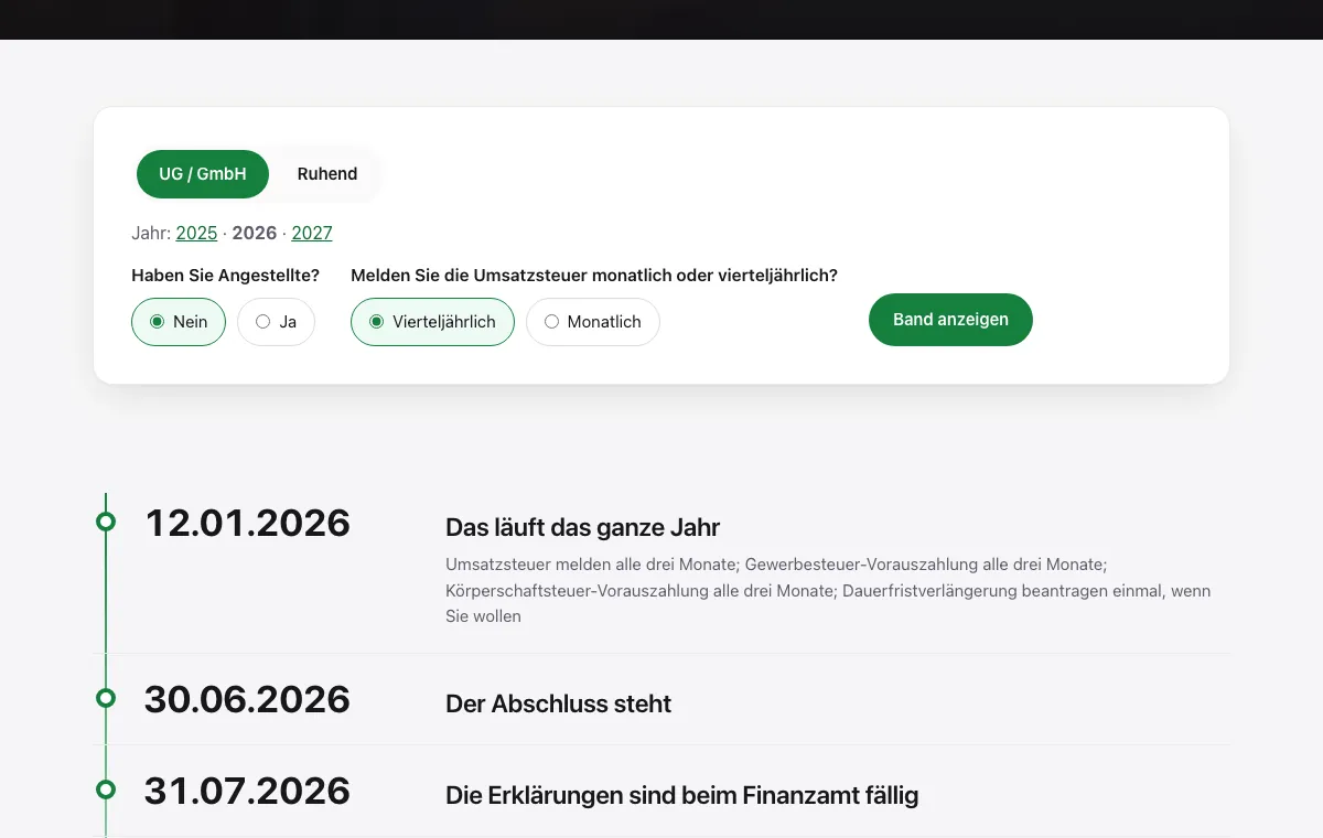 Ausschnitt aus dem Steuerjahr im Programm: Termine der Steuervorauszahlungen und Erklärungen einer GmbH