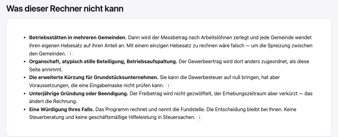 Ausschnitt aus dem Gewerbesteuer-Rechner: was er nicht rechnet, darunter die erweiterte Kürzung der vermögensverwaltenden GmbH